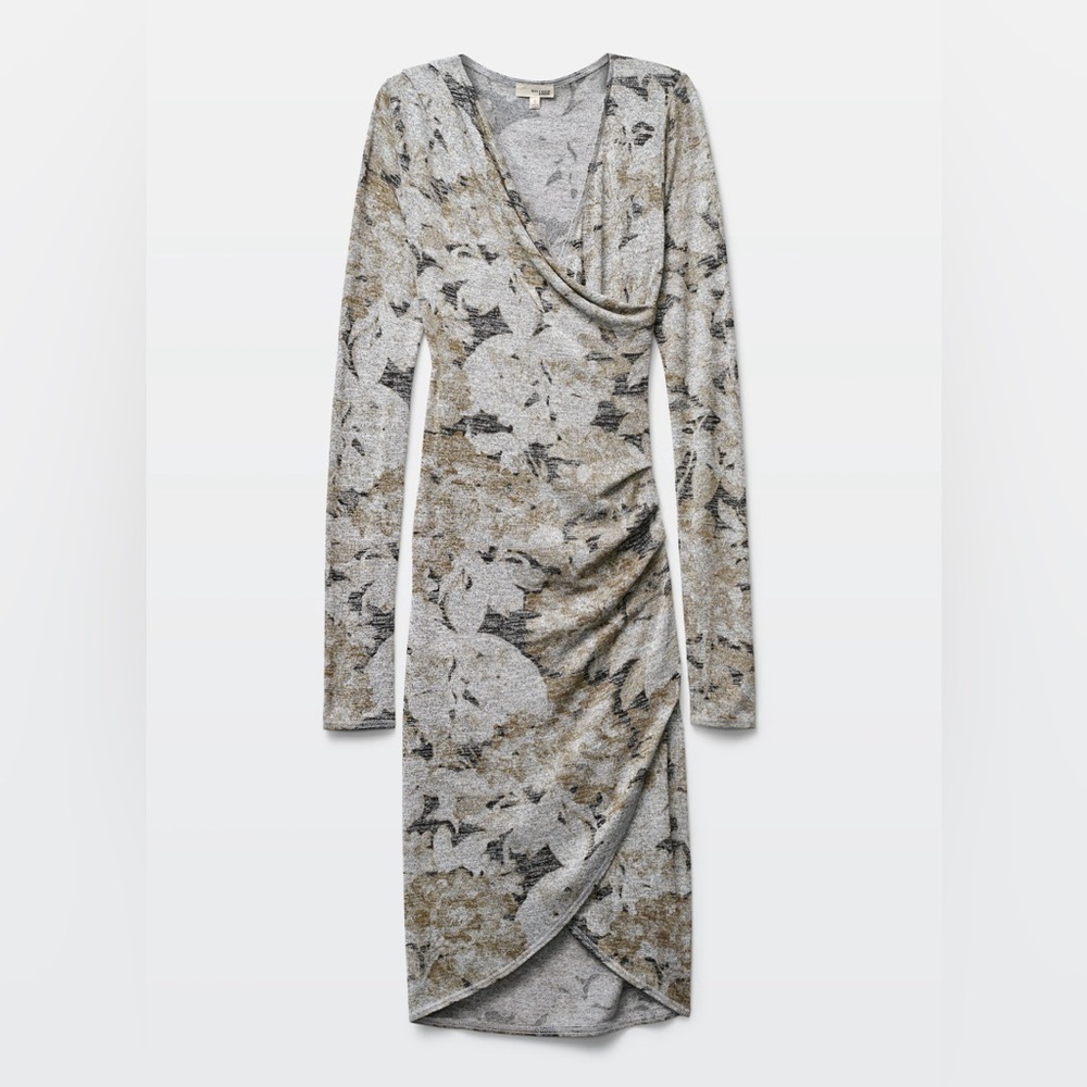Aritzia Wilfred Free Gray Floral Faux Wrap Long Sleeve V neck Midi dress Medium